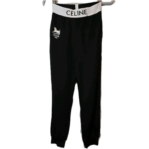 Celine Paris Athletic Pants Jogger Women Small Black Embroider Vtg Logo Pockets - Picture 3 of 8